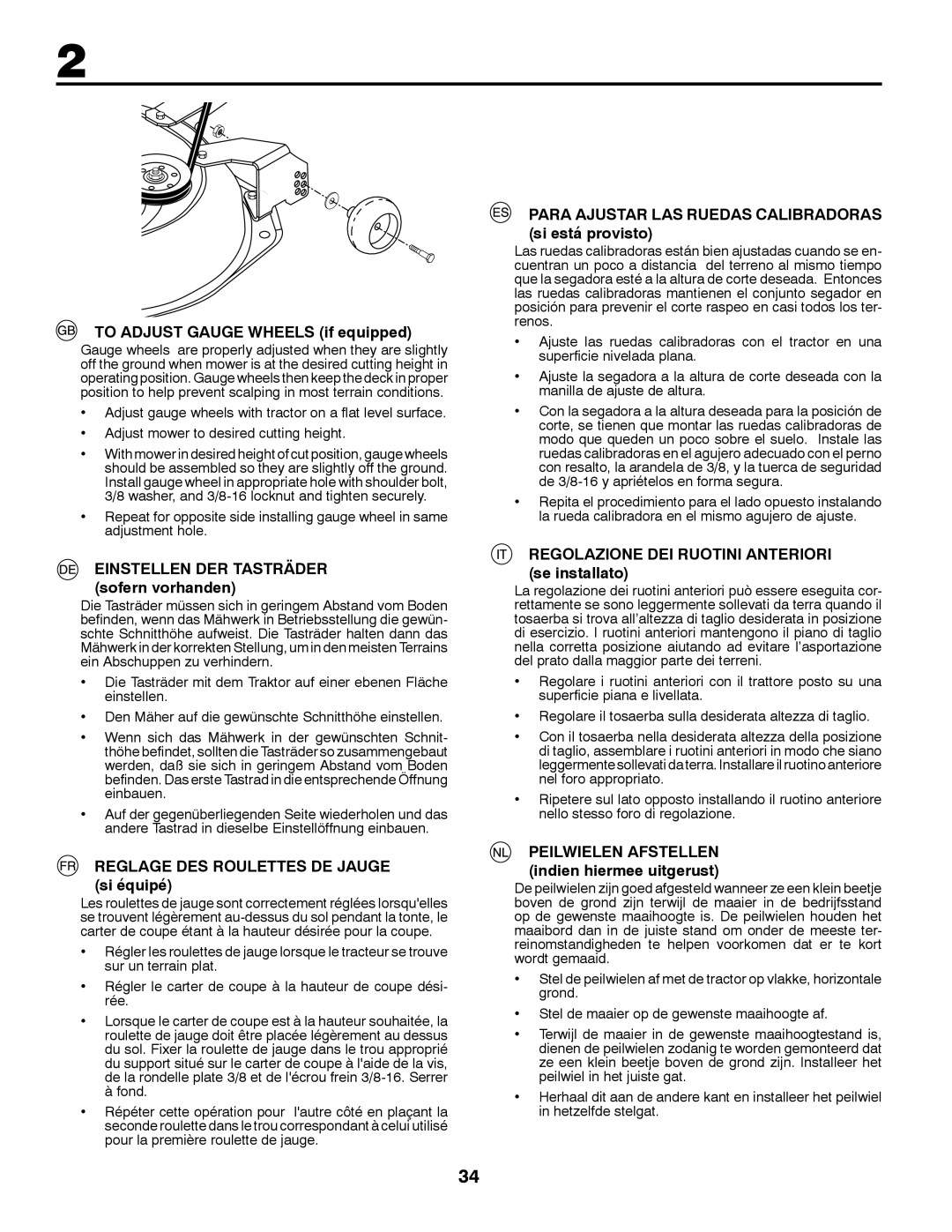 Partner Tech P200107HRB instruction manual To Adjust Gauge Wheels if equipped, Einstellen DER Tasträder sofern vorhanden 