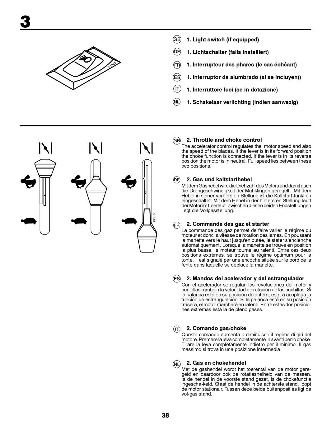 Partner Tech P200107HRB Gas und kaltstarthebel, Commande des gaz et starter, Mandos del acelerador y del estrangulador 