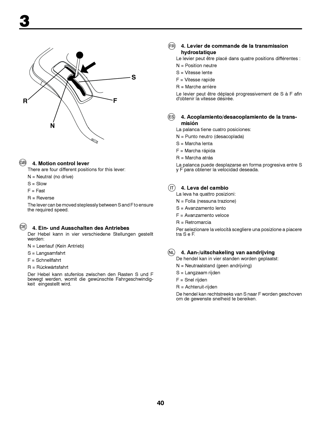 Partner Tech P200107HRB instruction manual Motion control lever, Ein- und Ausschalten des Antriebes, Leva del cambio 