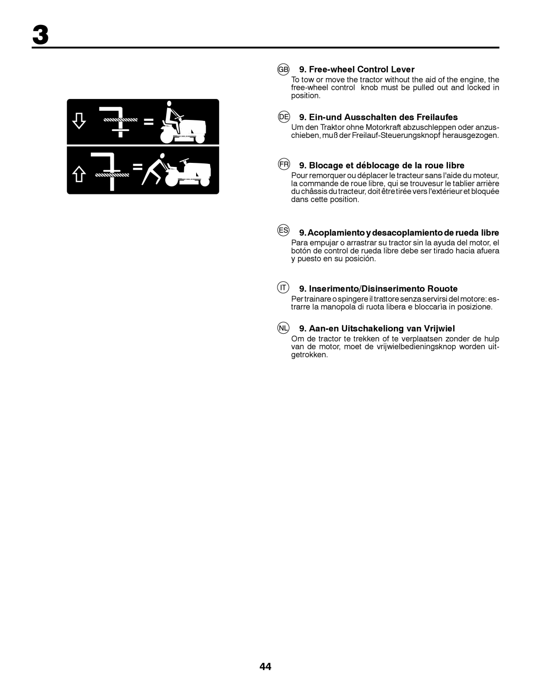 Partner Tech P200107HRB Free-wheel Control Lever, Ein-und Ausschalten des Freilaufes, Inserimento/Disinserimento Rouote 