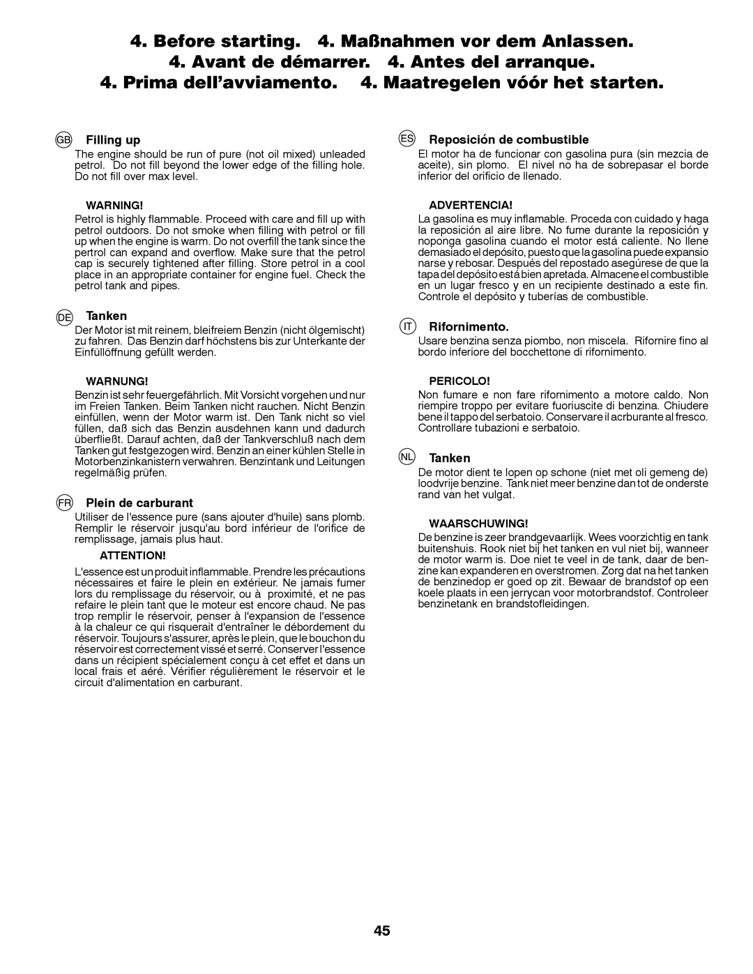 Partner Tech P200107HRB instruction manual Filling up, Reposición de combustible, Tanken, Plein de carburant, Rifornimento 