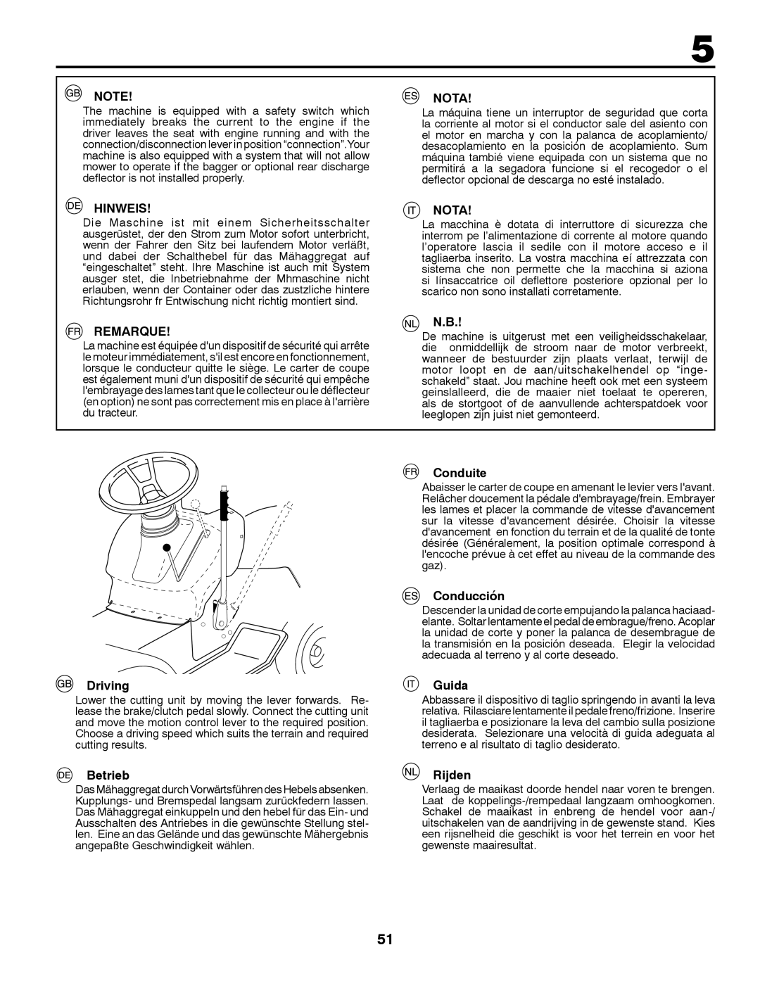 Partner Tech P200107HRB instruction manual Driving, Betrieb, Conduite, Conducción, Guida, Rijden 