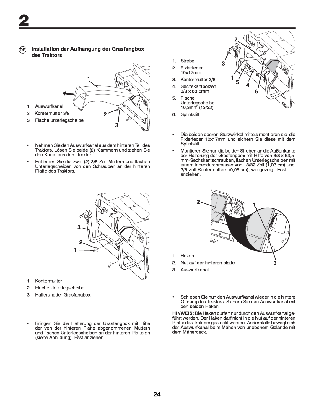 Partner Tech P200107HRB instruction manual Installation der Aufhängung der Grasfangbox des Traktors 