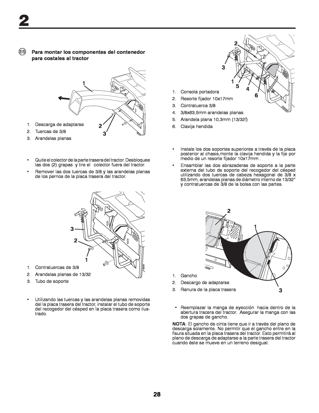 Partner Tech P200107HRB instruction manual Para montar los componentes del contenedor para costales al tractor 
