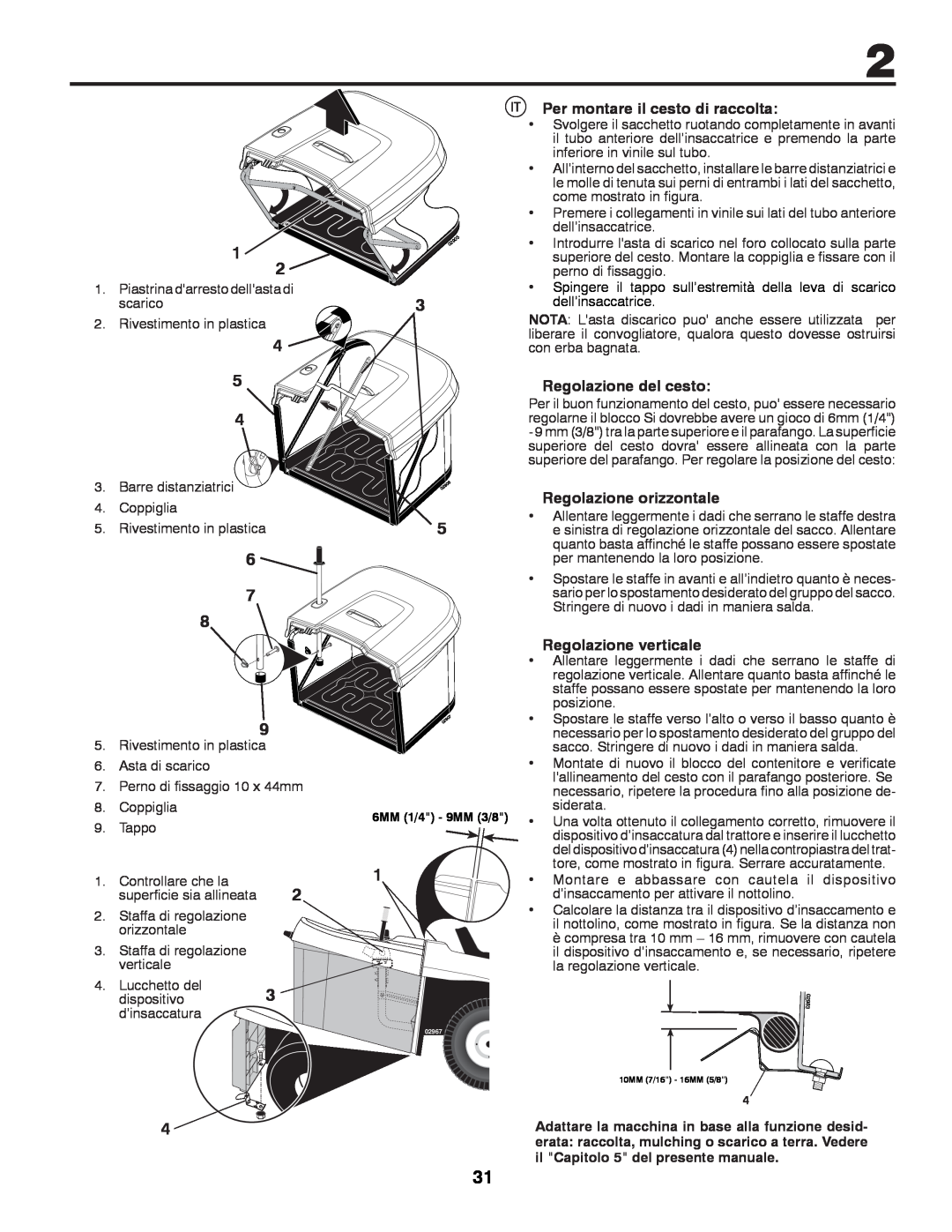 Partner Tech P200107HRB instruction manual Per montare il cesto di raccolta, Regolazione del cesto, Regolazione orizzontale 