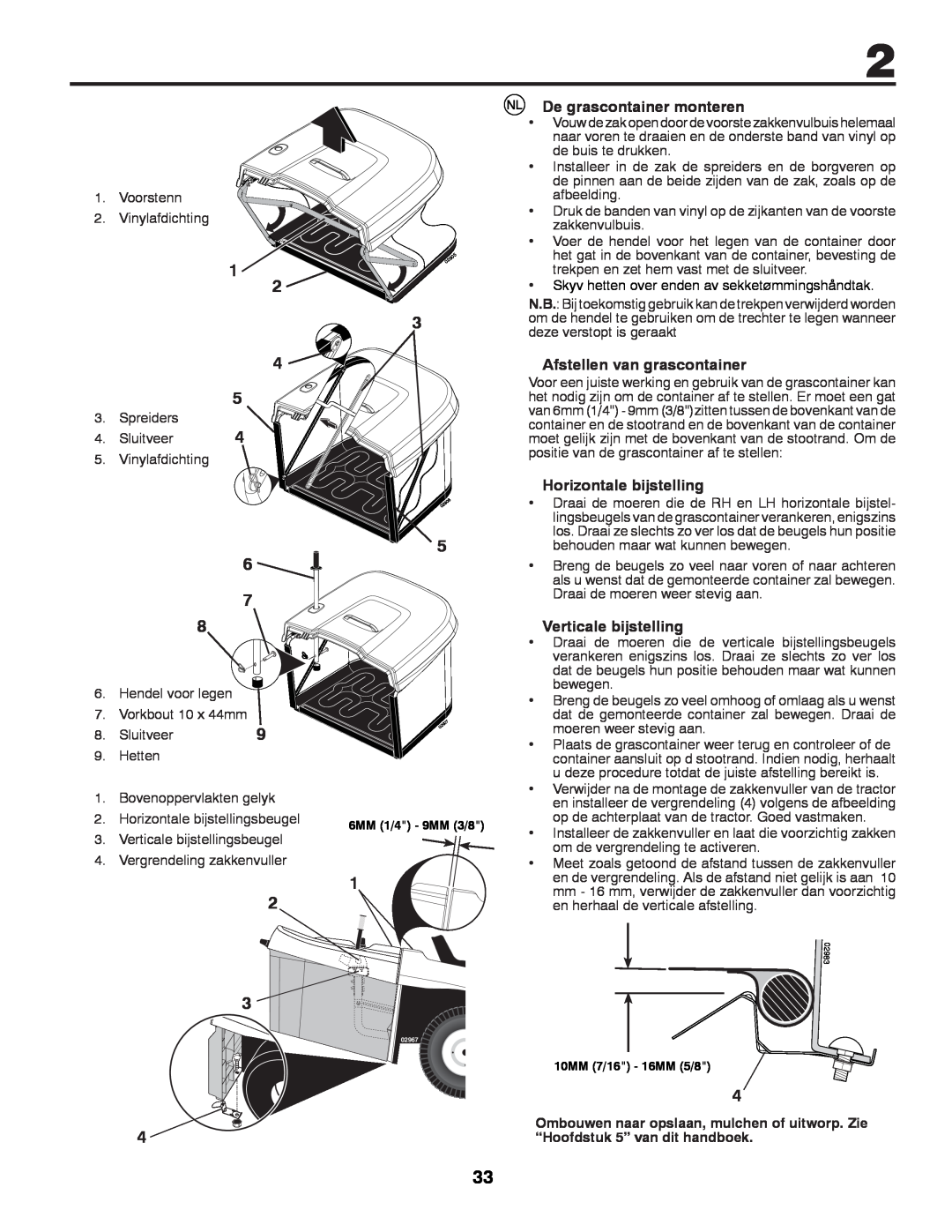 Partner Tech P200107HRB instruction manual De grascontainer monteren, Afstellen van grascontainer, Horizontale bijstelling 