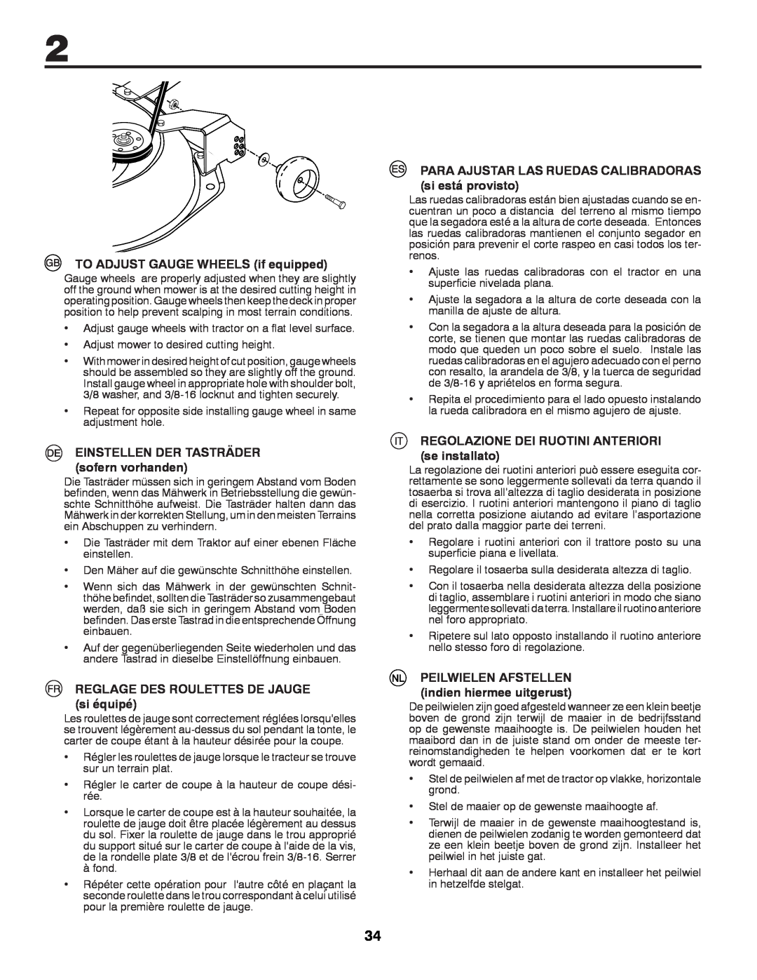 Partner Tech P200107HRB instruction manual TO ADJUST GAUGE WHEELS if equipped, EINSTELLEN DER TASTRÄDER sofern vorhanden 