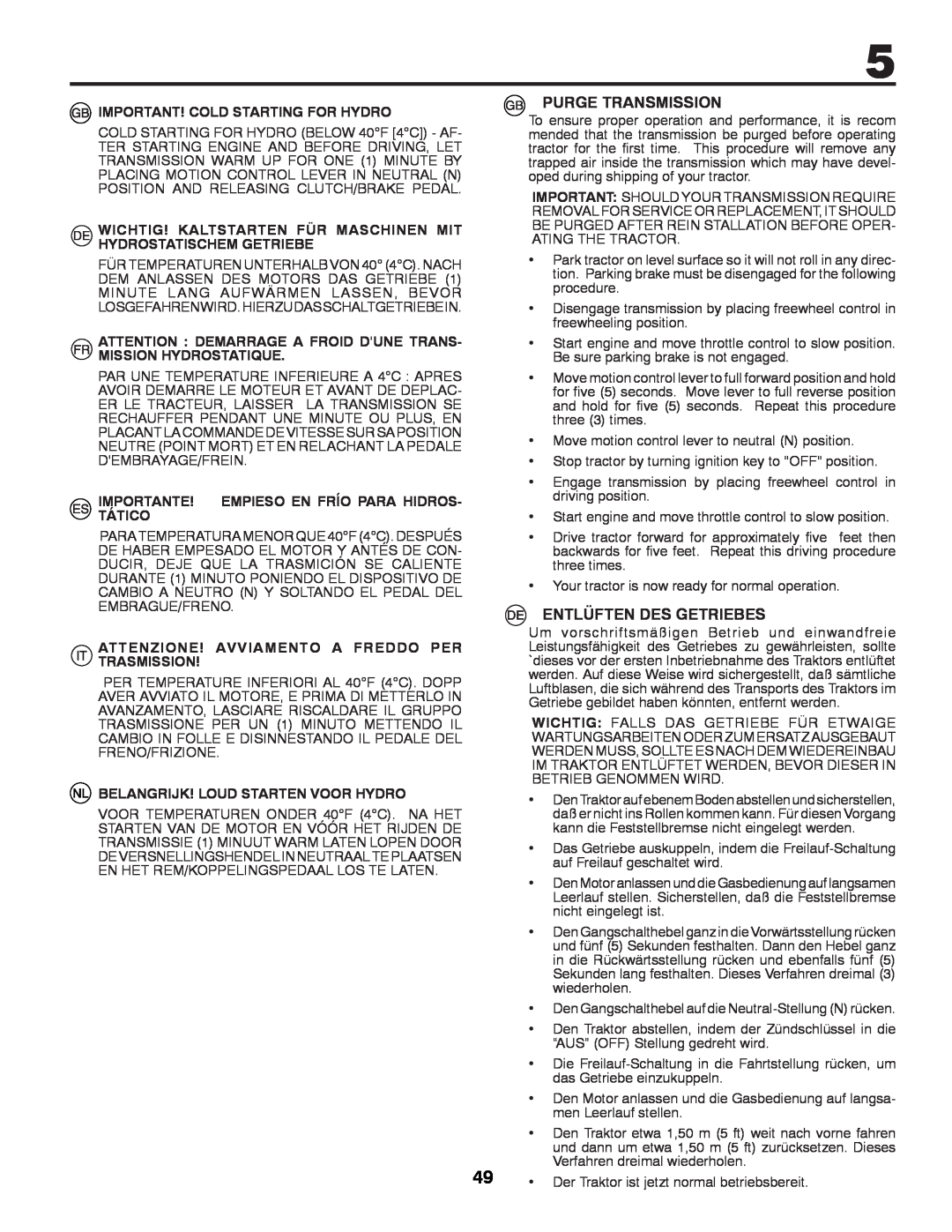 Partner Tech P200107HRB instruction manual Purge Transmission, Entlüften Des Getriebes, Important! Cold Starting For Hydro 