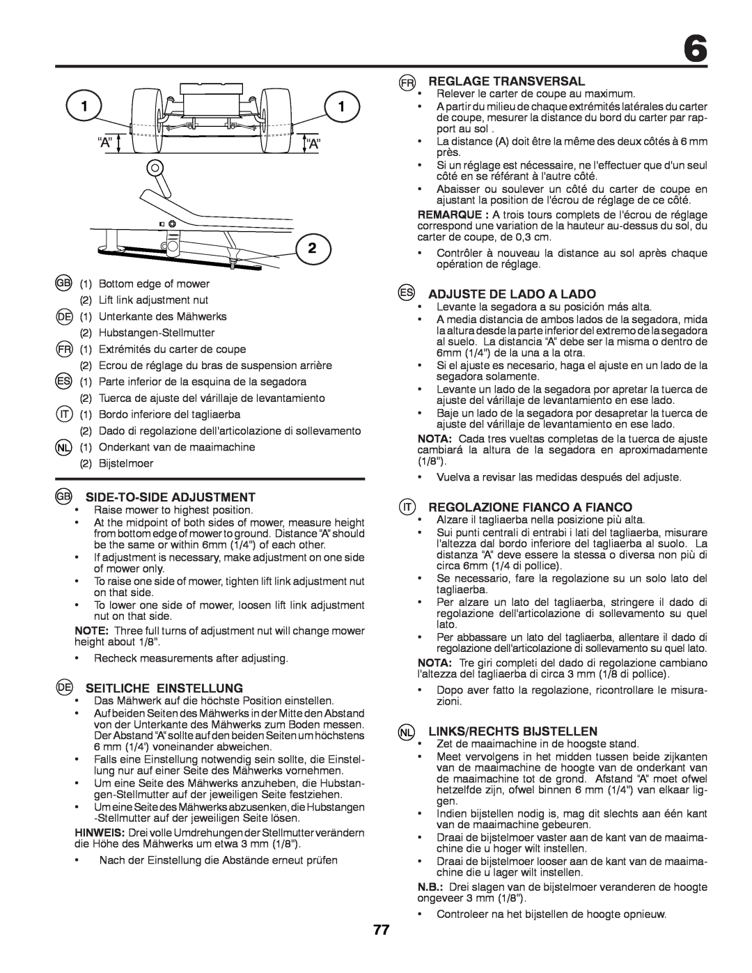 Partner Tech P200107HRB instruction manual “A” “A”, Side-To-Side Adjustment, Seitliche Einstellung, Reglage Transversal 