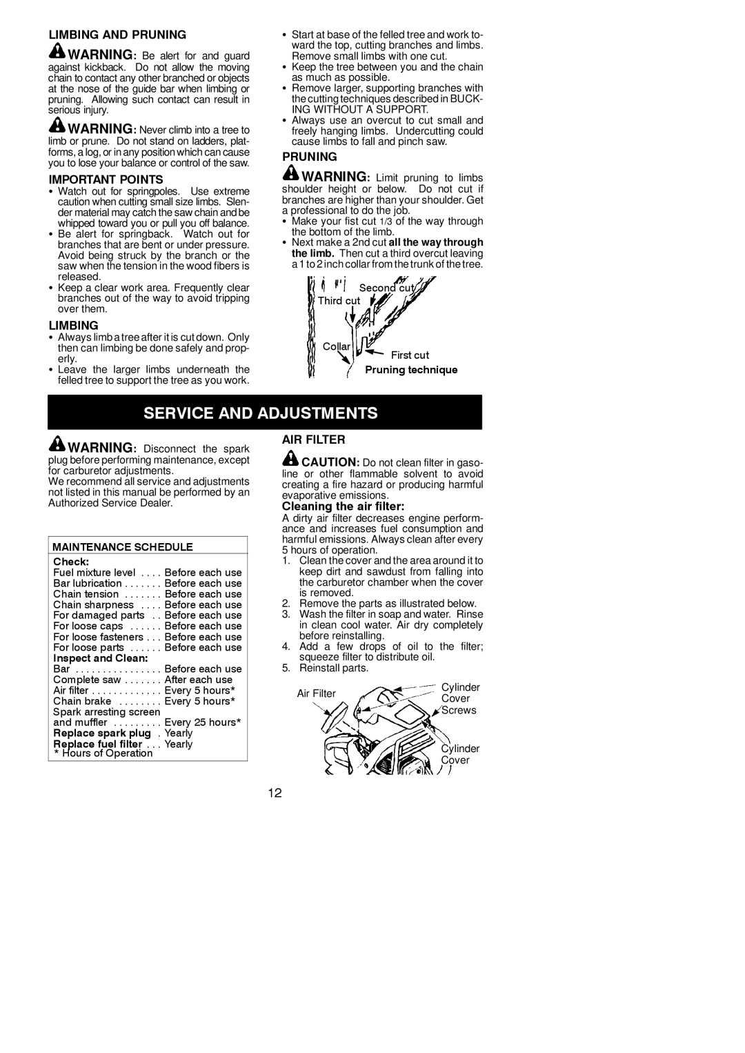 Partner Tech P4-20XT, P4-18XT, P33XT, P351XT Service and Adjustments, Limbing and Pruning Important Points, AIR Filter 