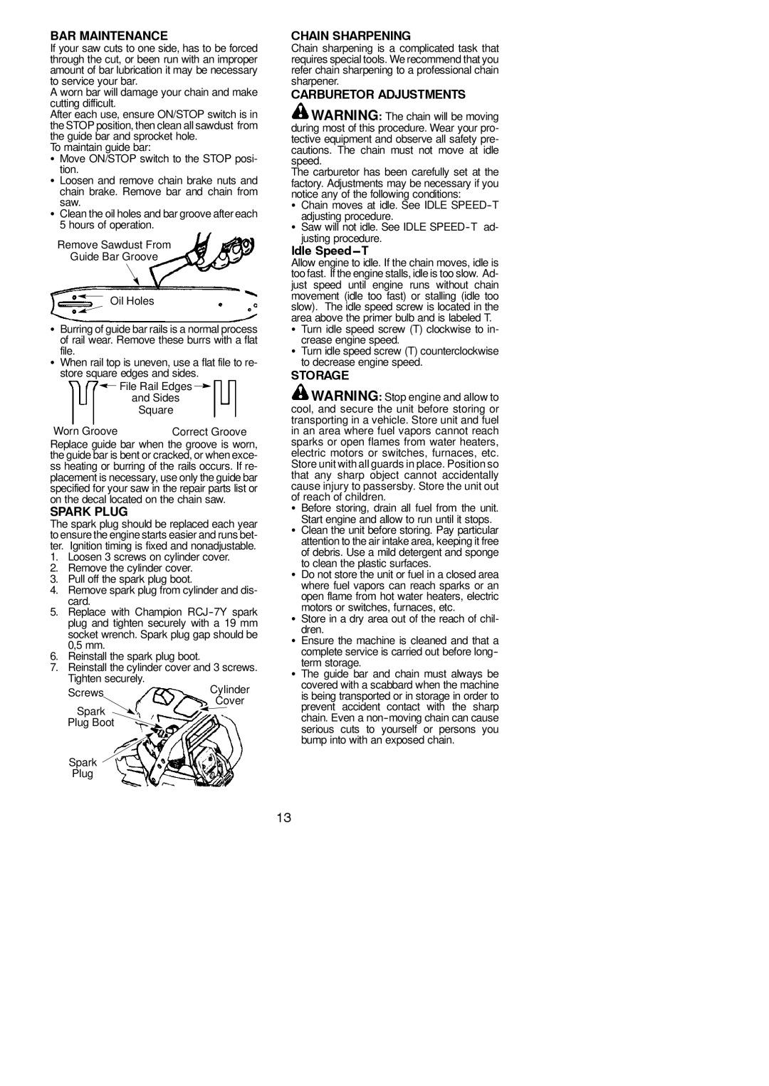 Partner Tech P4-18XT, P4-20XT, P33XT, P351XT BAR Maintenance, Spark Plug, Chain Sharpening, Carburetor Adjustments, Storage 