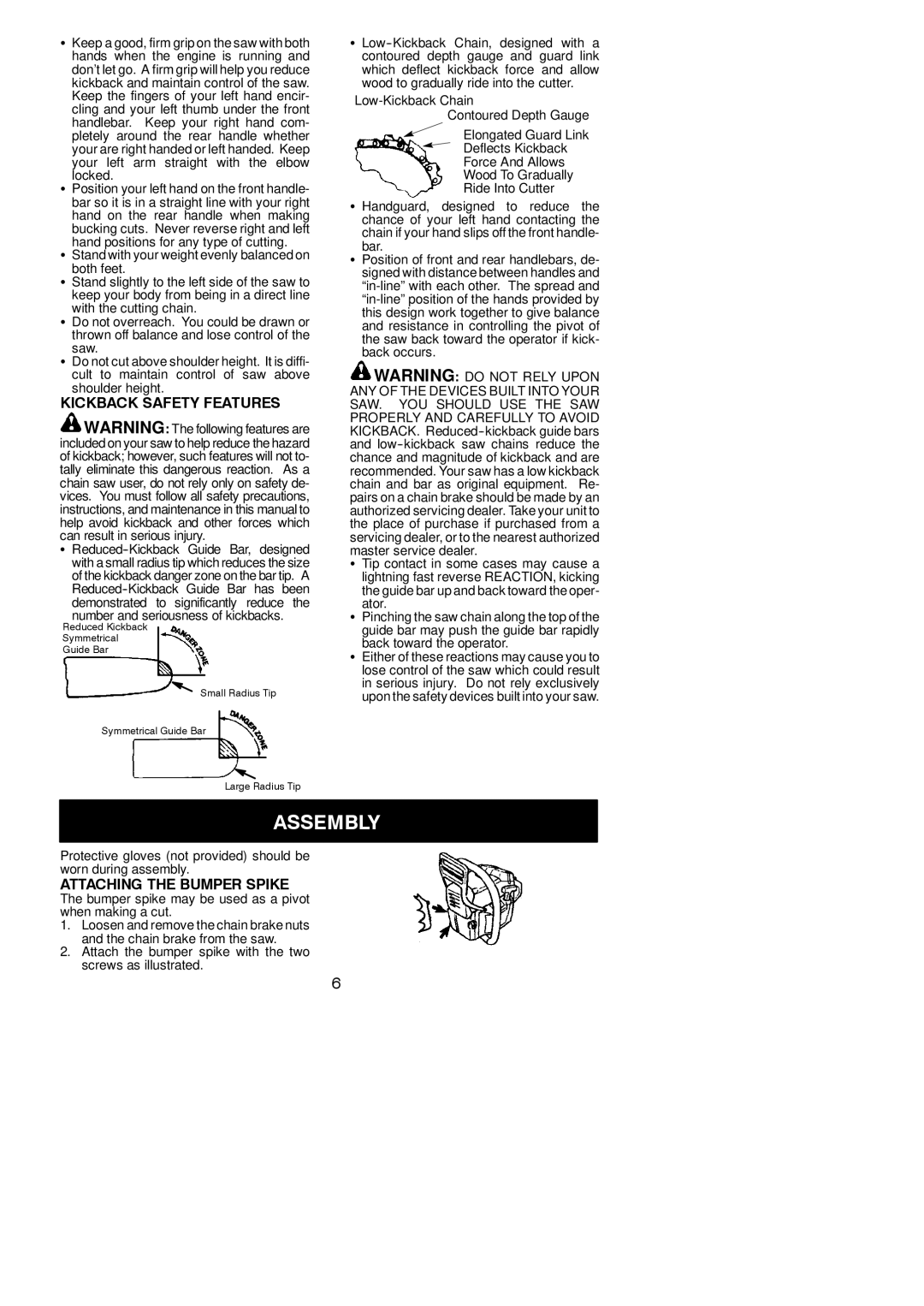 Partner Tech P33XT, P4-20XT, P4-18XT, P351XT instruction manual Assembly, Kickback Safety Features, Attaching the Bumper Spike 