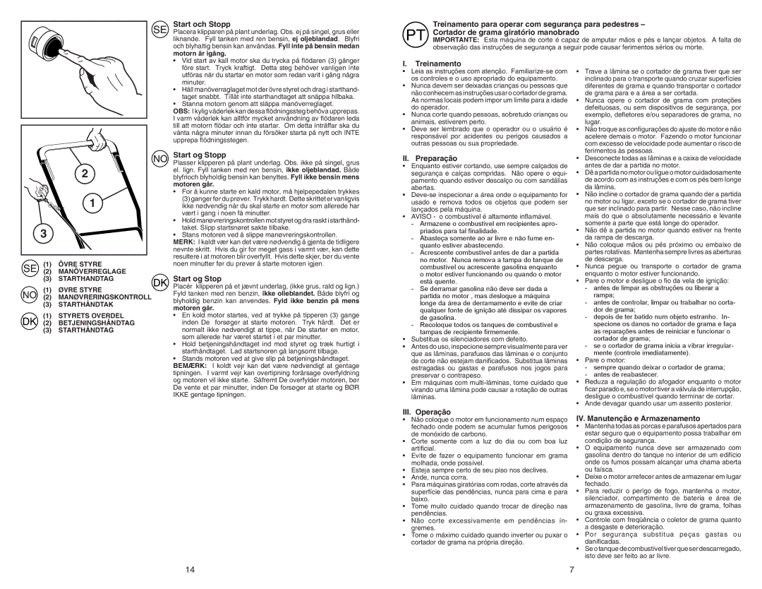 Partner Tech P53-625DW manual Start och Stopp, Treinamento para operar com segurança para pedestres, Start og Stopp 