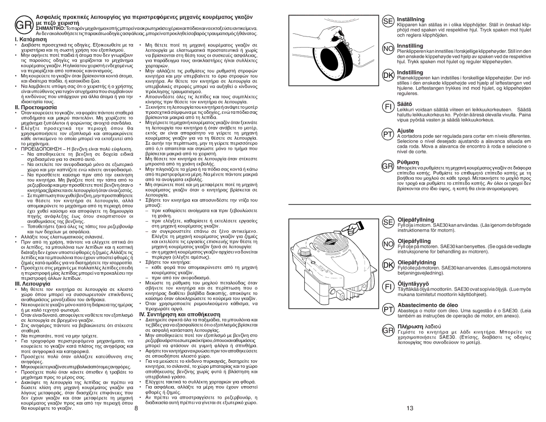 Partner Tech P53-625DW manual Κατάρτιση, II. Προετοιμασία, Ρύθμιση, IV. Συντήρηση και αποθήκευση, Πλήρωση λαδιού 