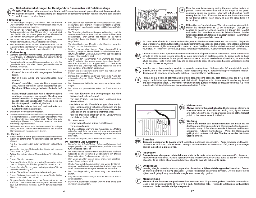 Partner Tech P53-675DWA MAX 1/3, Schulung, II. Vorbereitung, III. Betrieb, Maintenance, IV. Wartung und Lagerung 