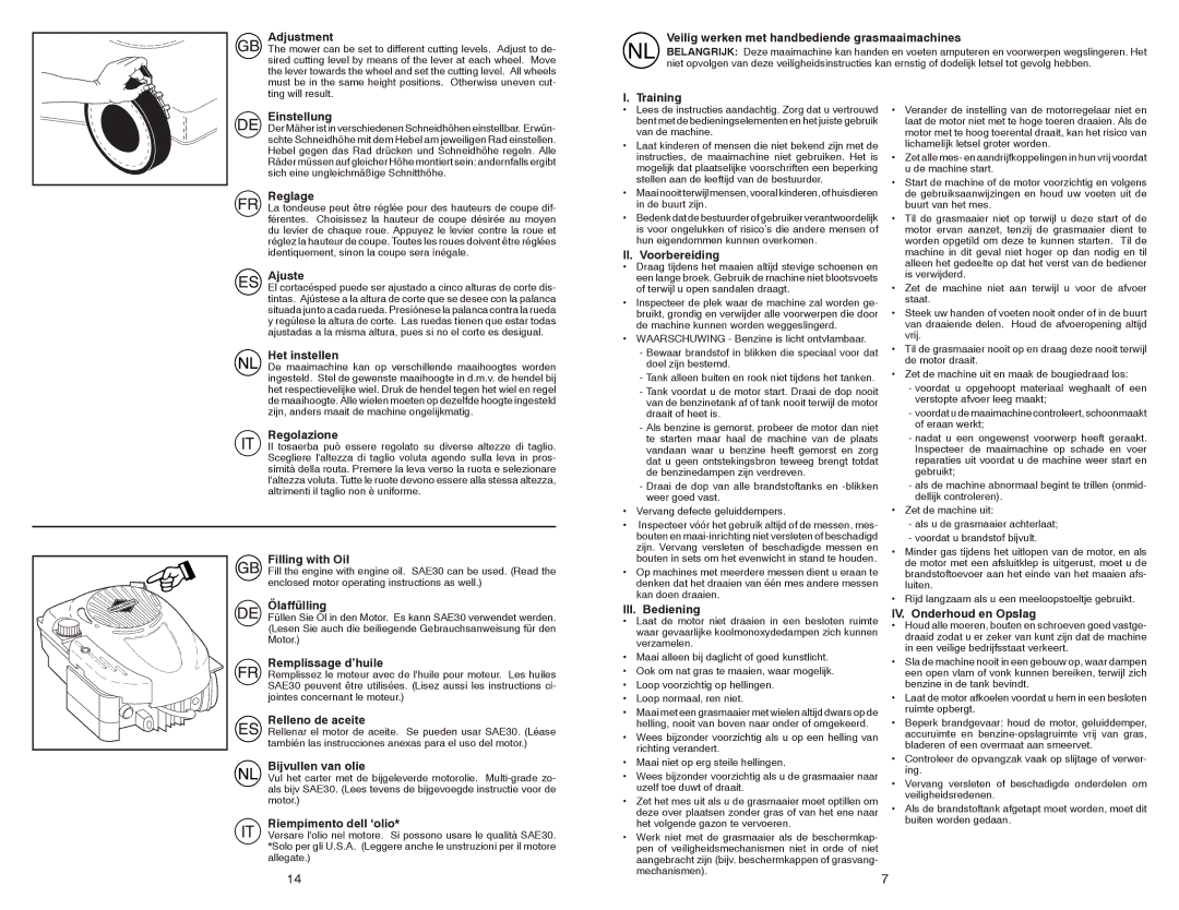 Partner Tech P53-675DWA Adjustment, Veilig werken met handbediende grasmaaimachines, Einstellung, Reglage, Ajuste 