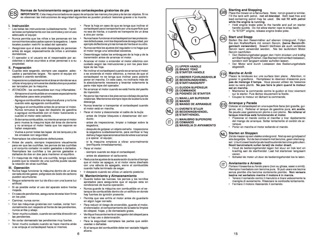 Partner Tech P53-675DWA instruction manual Normas de funcionamiento seguro para cortacéspedes giratorios de pie 