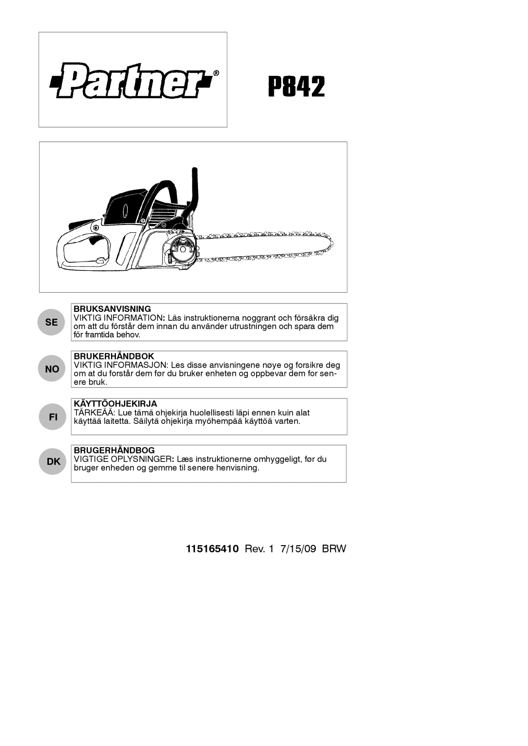 Partner Tech P842 manual Bruksanvisning, Brukerhåndbok, Käyttöohjekirja, Brugerhåndbog 