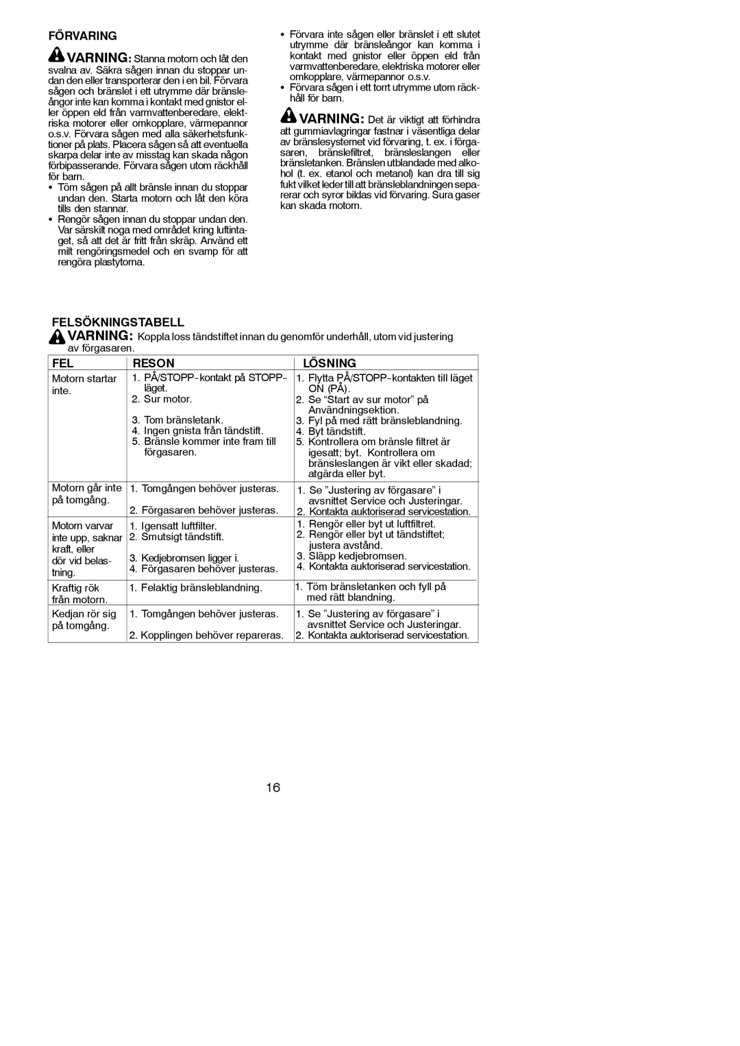 Partner Tech P842 manual Felsökningstabell, Motorn startar, Atgärda eller byt 