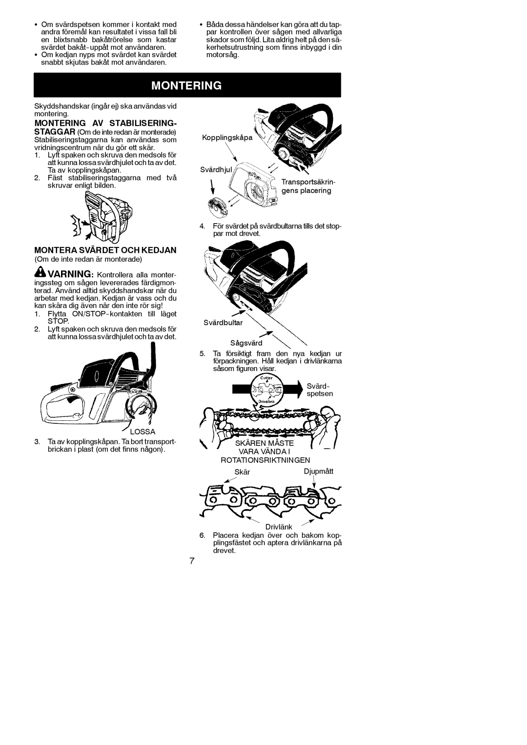 Partner Tech P842 manual Montering, Montera Svärdet OCH Kedjan, Skyddshandskar ingår ej ska användas vid montering 