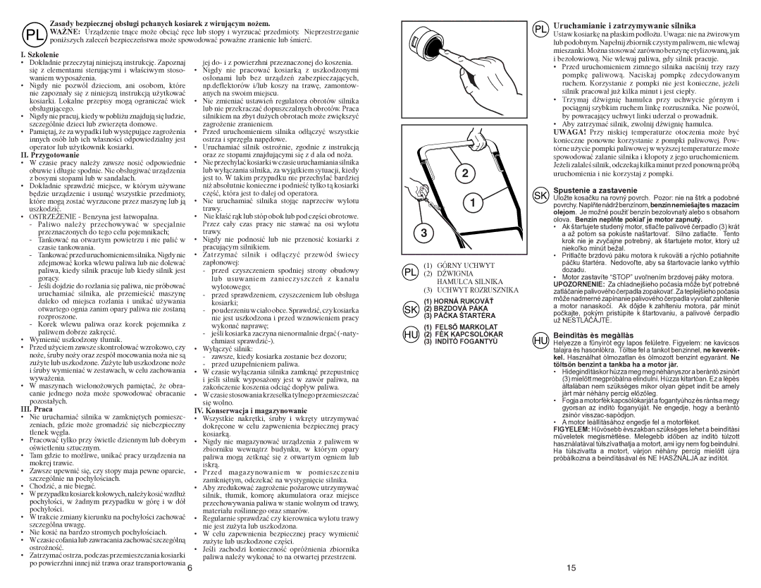 Partner Tech PP51-450SM manual Uruchamianie i zatrzymywanie silnika, Spustenie a zastavenie, Beindìtàs ès megàllàs 