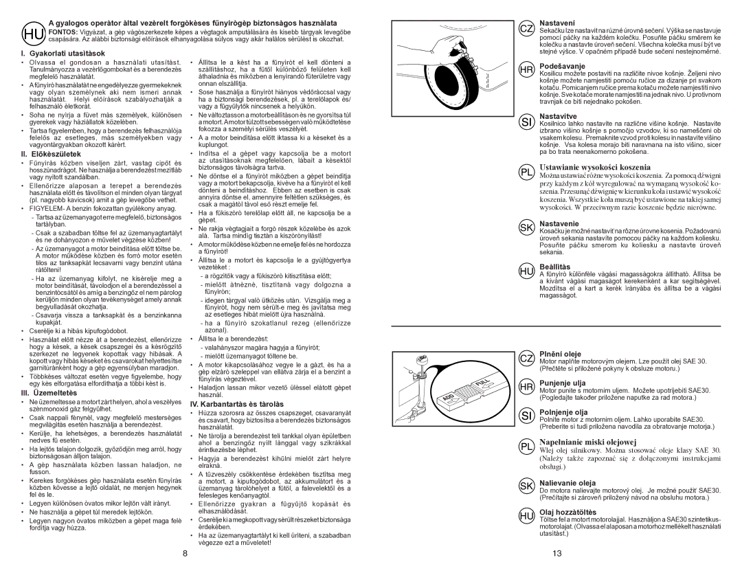 Partner Tech PP51-450SM manual Ustawianie wysokości koszenia, Napełnianie miski olejowej 