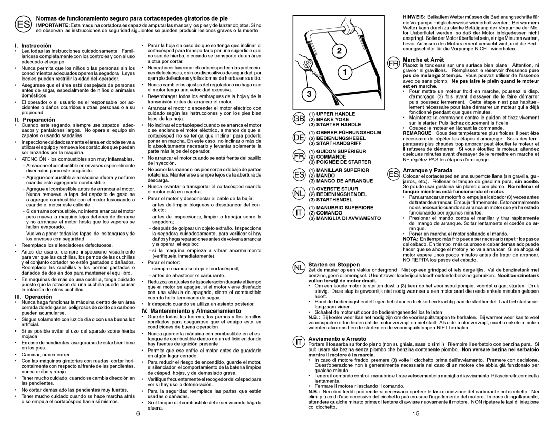 Partner Tech PP53-875DWA Instrucción, II. Preparación, Starten en Stoppen, Marche et Arrêt, Arranque y Parada 