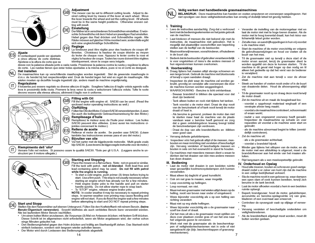 Partner Tech PP53-875DWA Adjustment, Veilig werken met handbediende grasmaaimachines, Einstellung, Reglage, Het instellen 