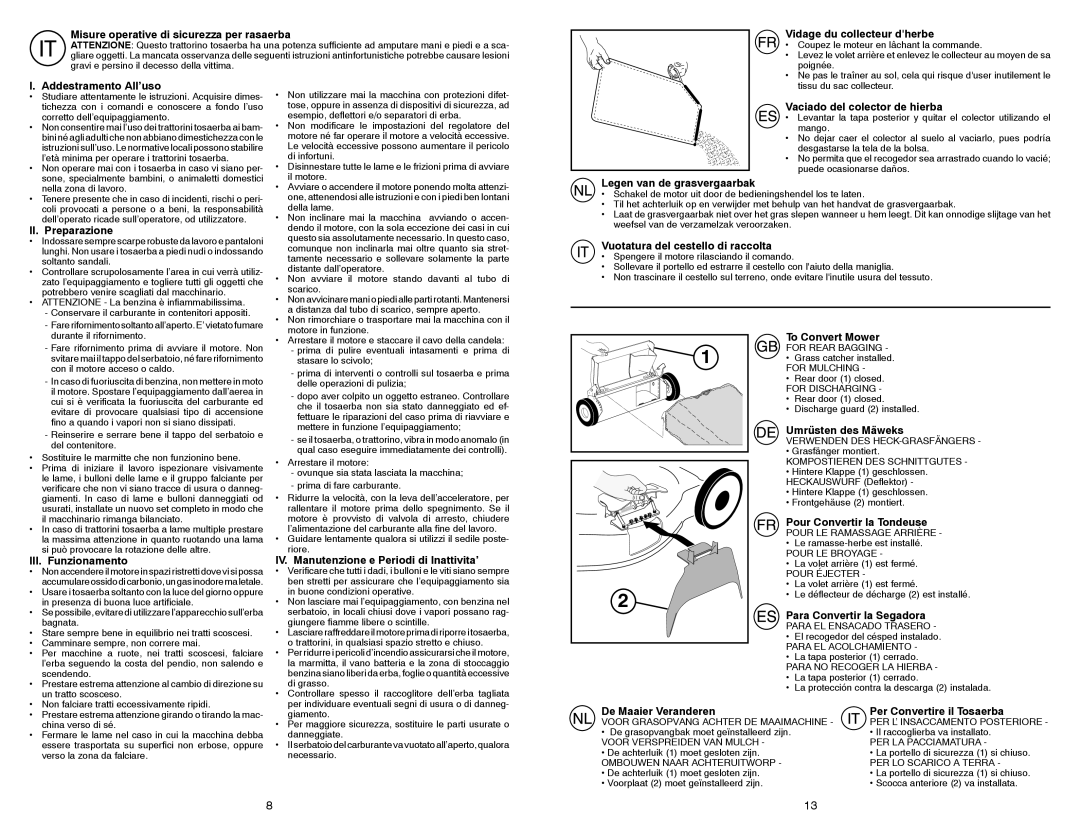 Partner Tech PP53-875DWA Misure operative di sicurezza per rasaerba, Vidage du collecteur dherbe, Addestramento All’uso 