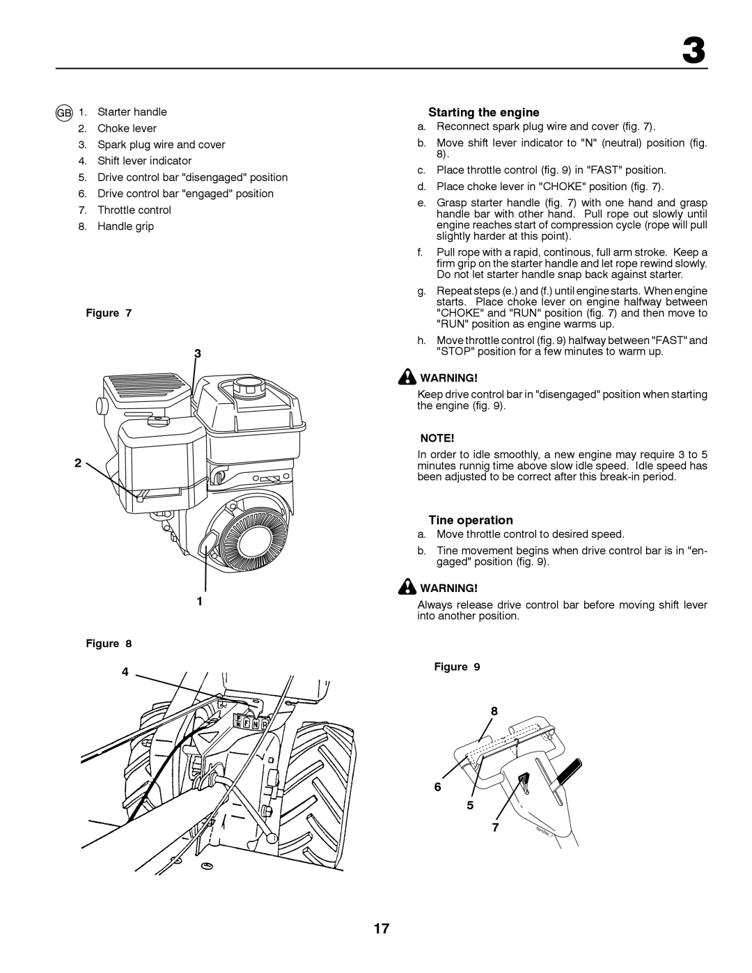 Partner Tech PRT5043 instruction manual Starting the engine, Tine operation 