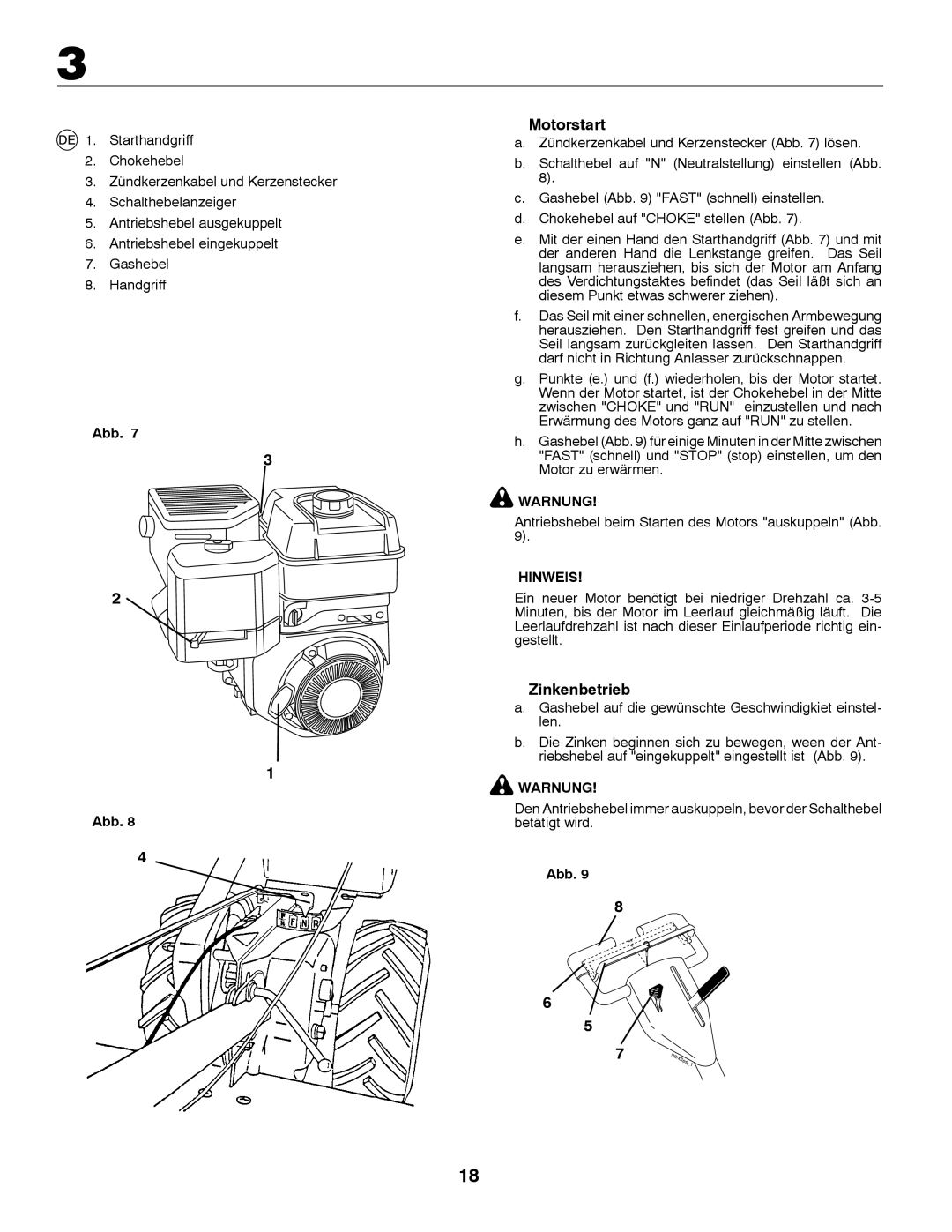 Partner Tech PRT5043 instruction manual Motorstart, Zinkenbetrieb, Antriebshebel beim Starten des Motors auskuppeln Abb 