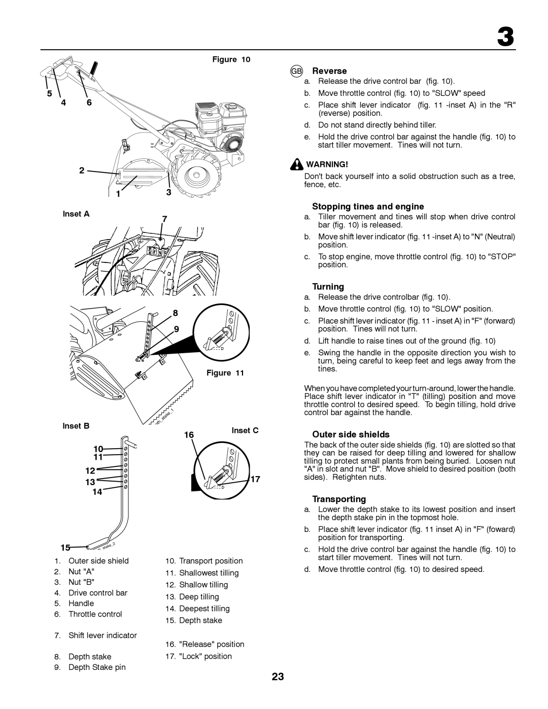 Partner Tech PRT5043 instruction manual Reverse, Stopping tines and engine, Turning, Outer side shields, Transporting 