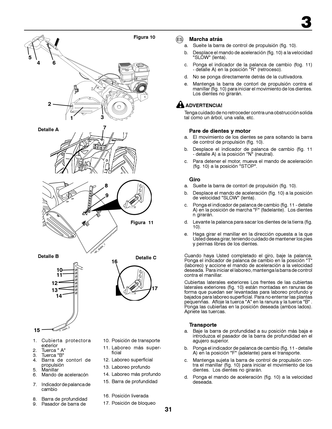 Partner Tech PRT5043 instruction manual Marcha atrás, Pare de dientes y motor, Giro, Transporte 