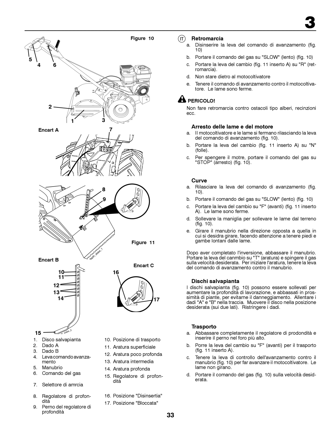 Partner Tech PRT5043 instruction manual Retromarcia, Arresto delle lame e del motore, Curve, Dischi salvapianta, Trasporto 