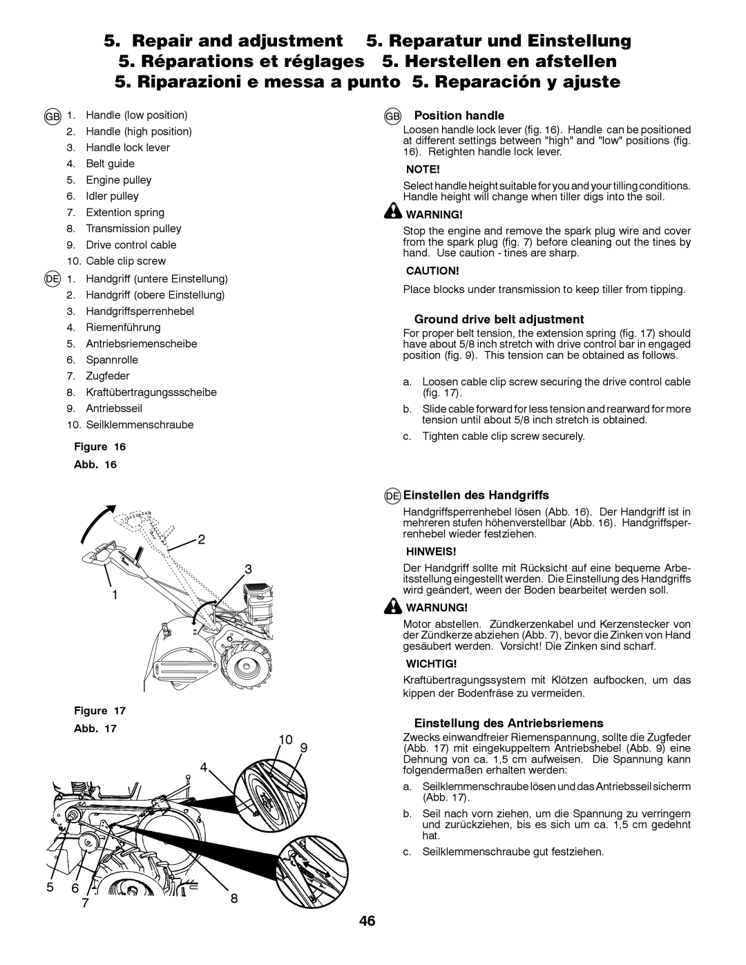 Partner Tech PRT5043 instruction manual Position handle, Ground drive belt adjustment, Einstellen des Handgriffs 