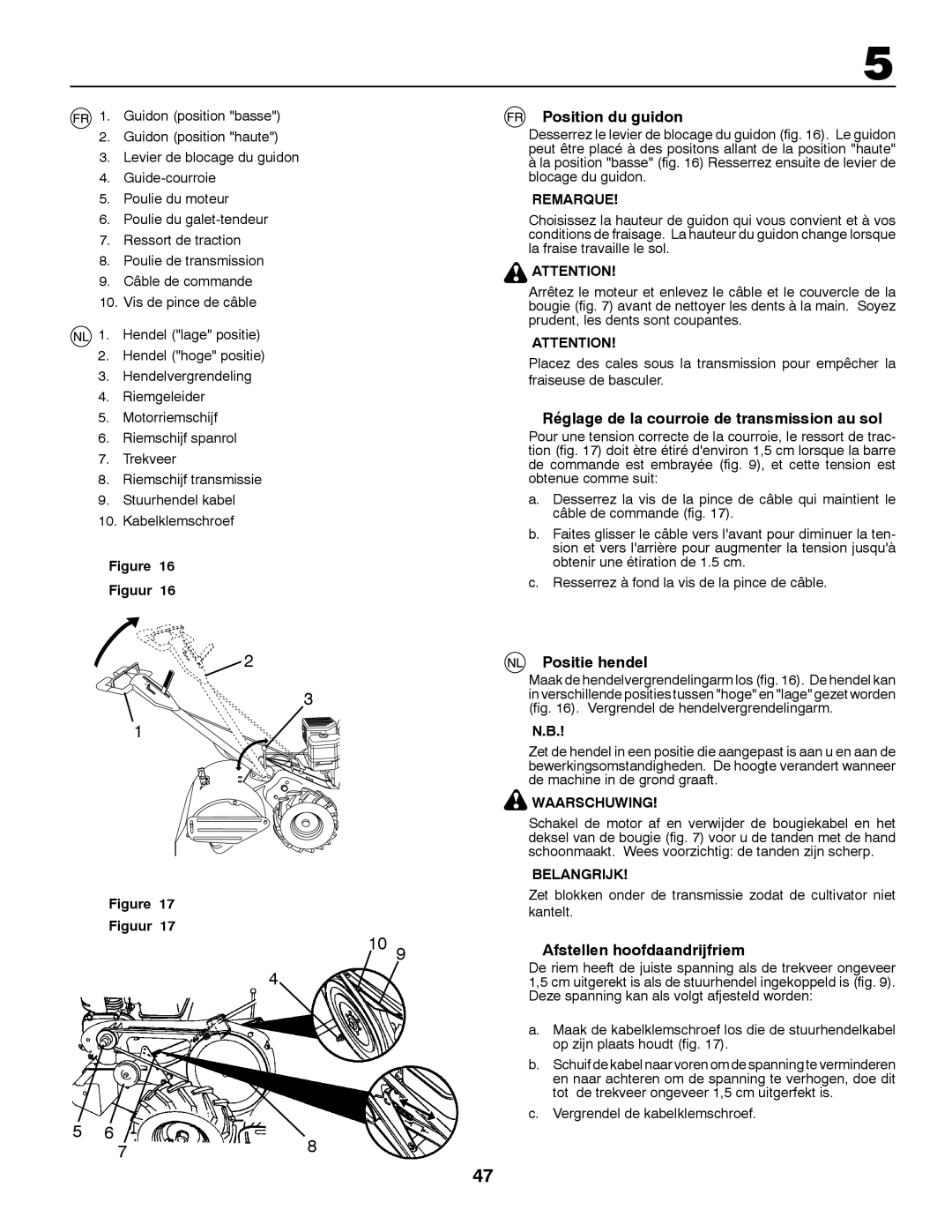 Partner Tech PRT5043 instruction manual Position du guidon, Réglage de la courroie de transmission au sol, Positie hendel 