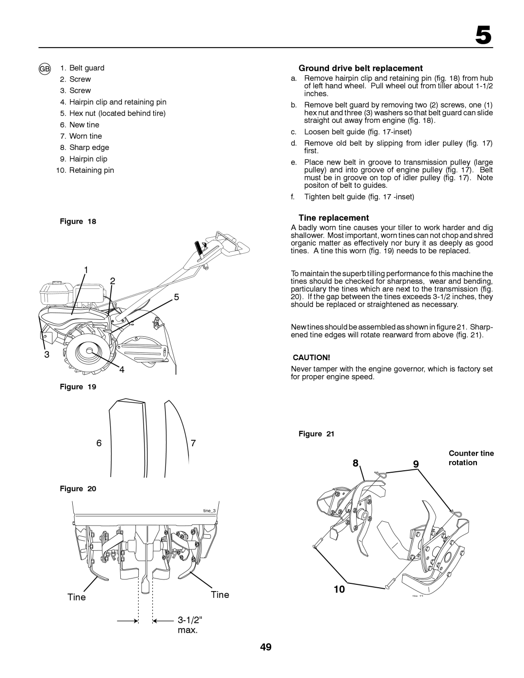 Partner Tech PRT5043 instruction manual Ground drive belt replacement, Tine replacement, Counter tine, Rotation 