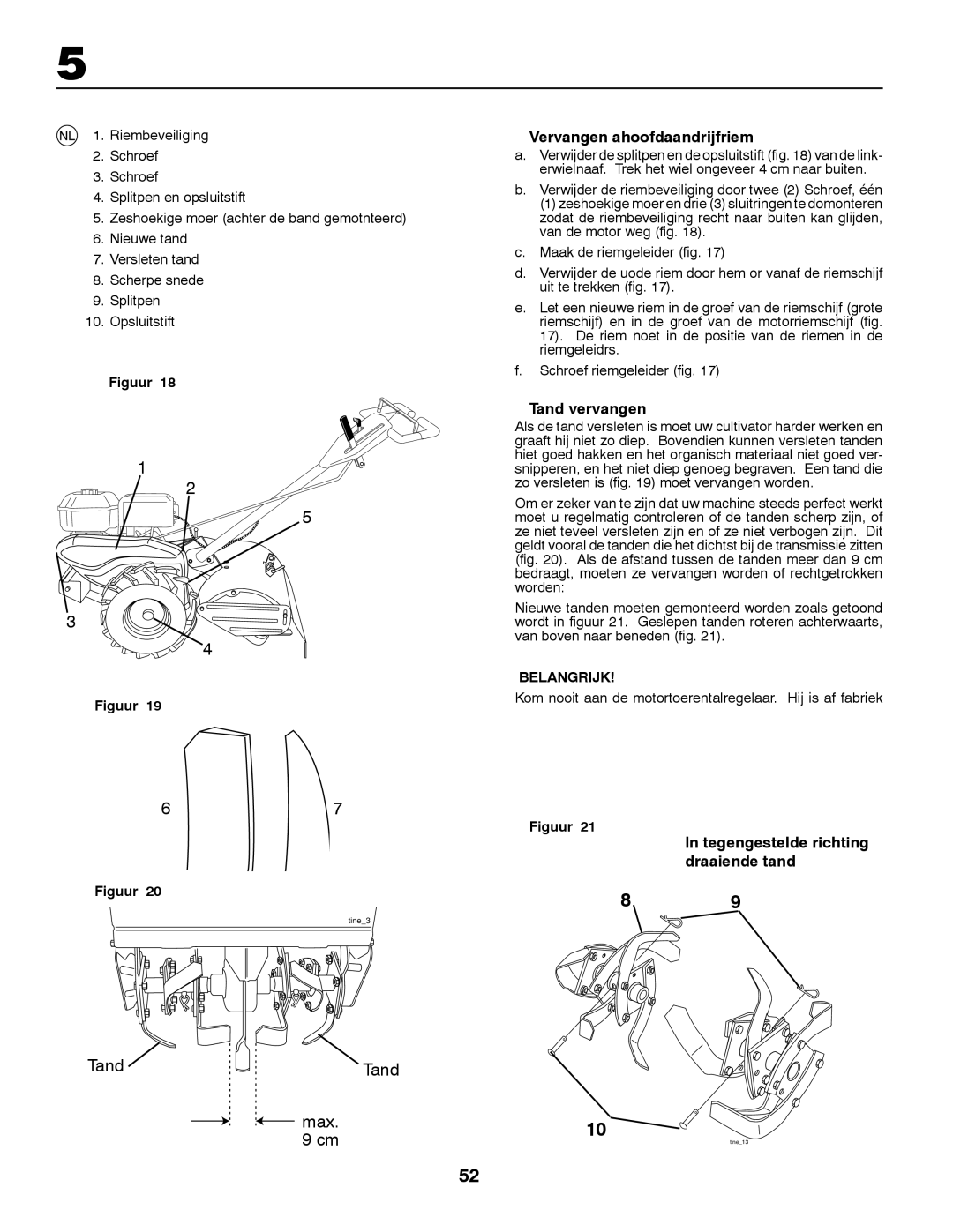 Partner Tech PRT5043 instruction manual Vervangen ahoofdaandrijfriem, Tand vervangen, Tegengestelde richting draaiende tand 