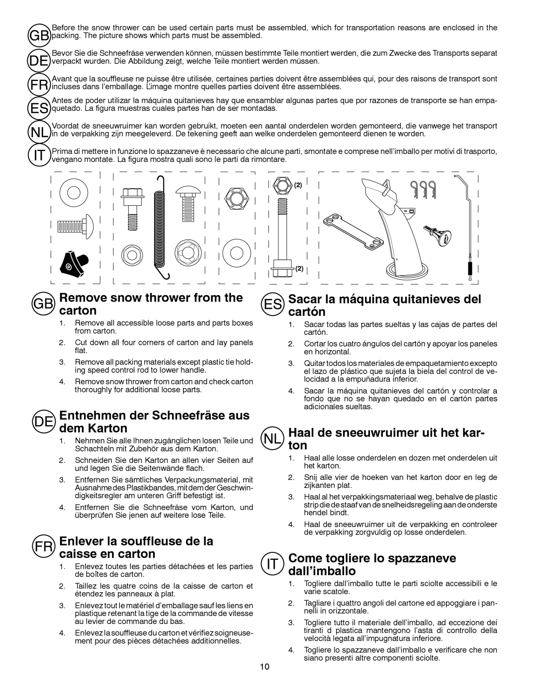 Partner Tech PSB240 instruction manual Remove snow thrower from the carton, Entnehmen der Schneefräse aus dem Karton 