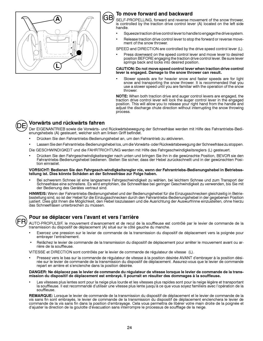 Partner Tech PSB240 instruction manual To move forward and backward, Vorwärts und rückwärts fahren 