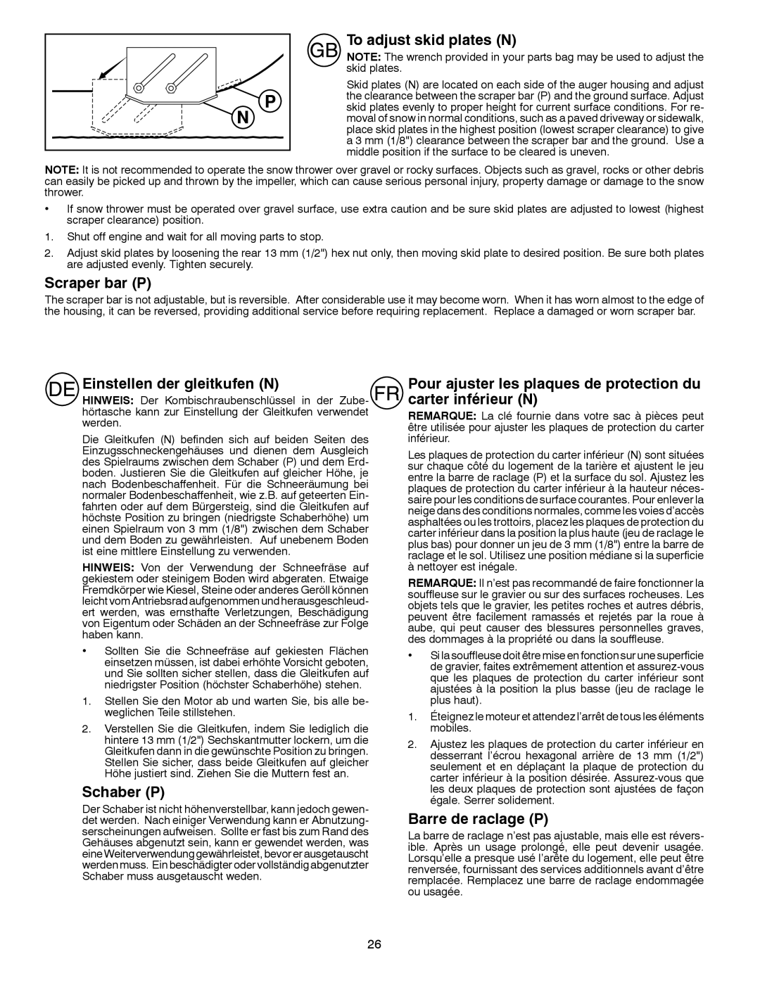 Partner Tech PSB240 To adjust skid plates N, Scraper bar P, Einstellen der gleitkufen N, Schaber P, Barre de raclage P 