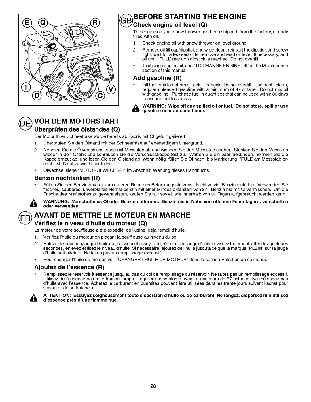 Partner Tech PSB240 instruction manual Before Starting the Engine, VOR DEM Motorstart, Avant DE Mettre LE Moteur EN Marche 