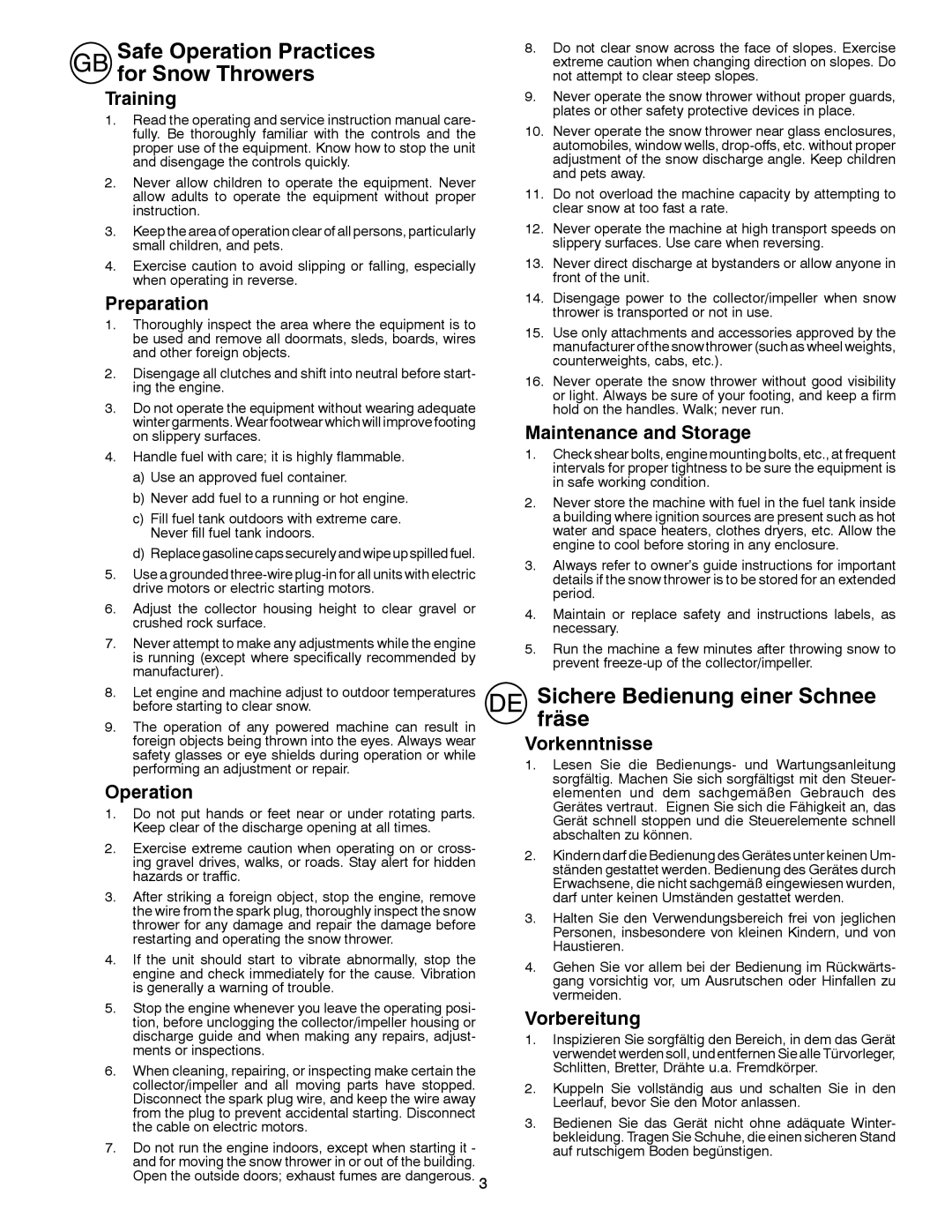 Partner Tech PSB240 instruction manual Sichere Bedienung einer Schnee fräse 