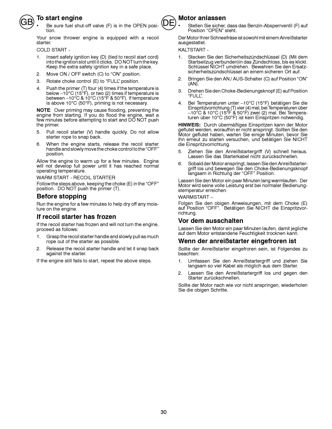 Partner Tech PSB240 To start engine, Before stopping, If recoil starter has frozen, Motor anlassen, Vor dem ausschalten 
