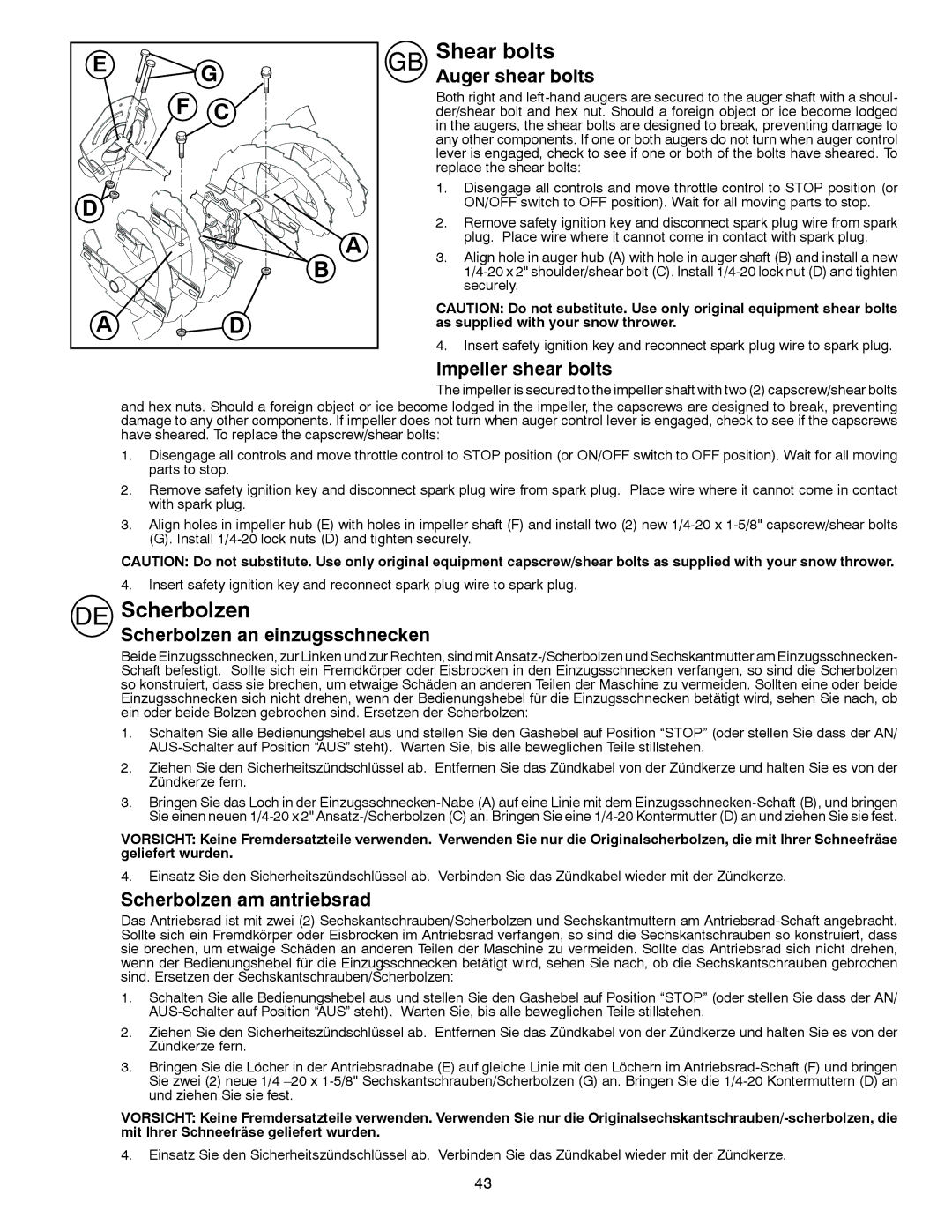 Partner Tech PSB240 instruction manual Shear bolts, Scherbolzen 