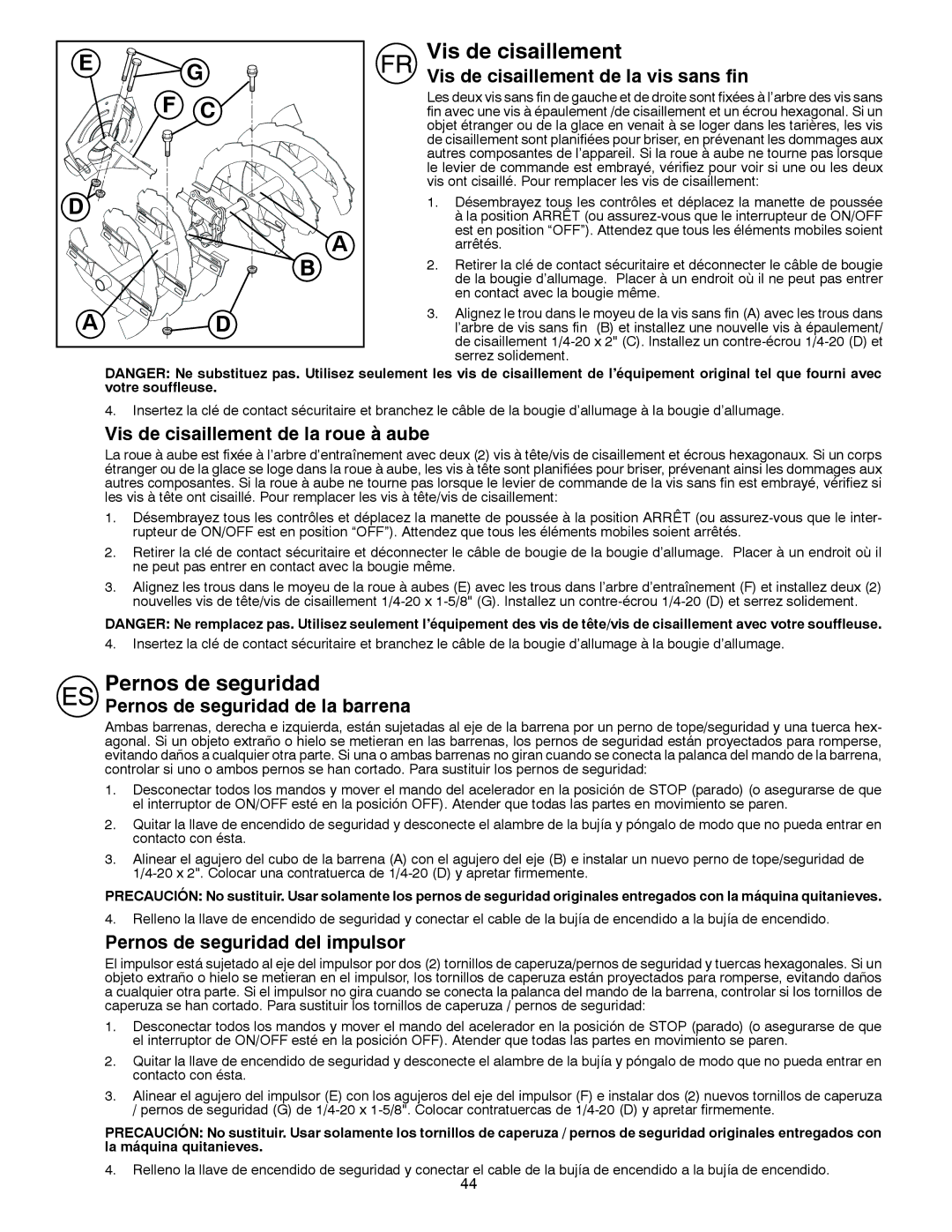 Partner Tech PSB240 instruction manual Vis de cisaillement, Pernos de seguridad 