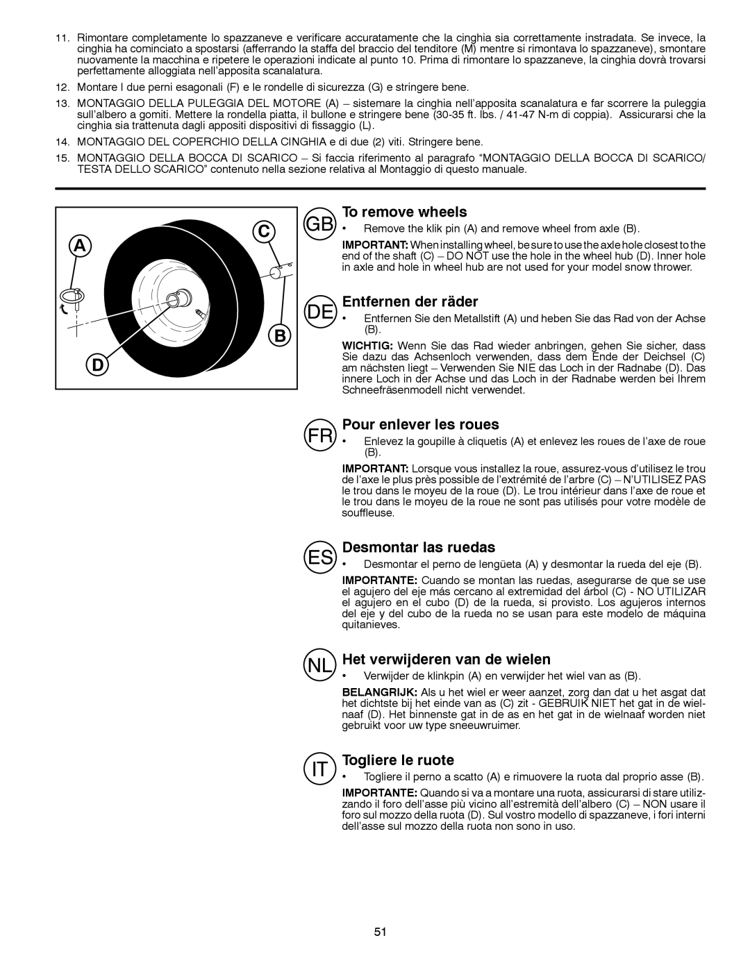 Partner Tech PSB240 To remove wheels, Entfernen der räder, Pour enlever les roues, Desmontar las ruedas, Togliere le ruote 