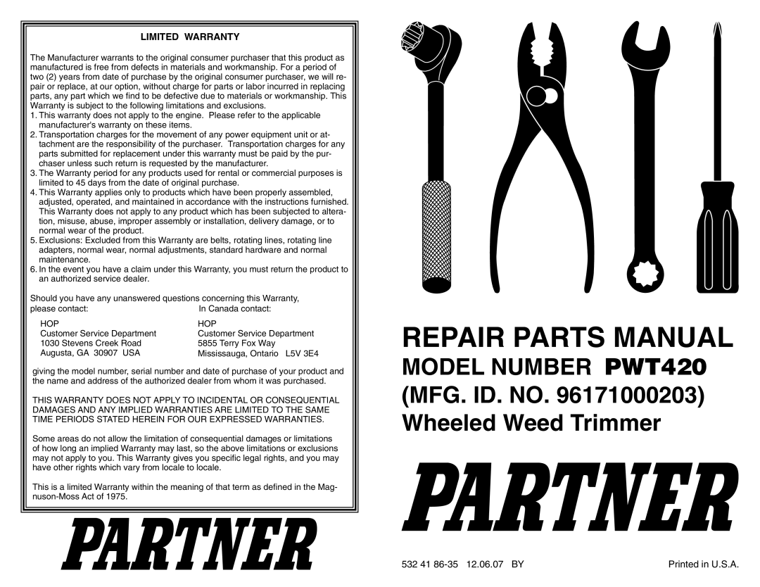Partner Tech warranty Repair Parts Manual, MODEL NUMBER PWT420 MFG. ID. NO. 96171000203 Wheeled Weed Trimmer 