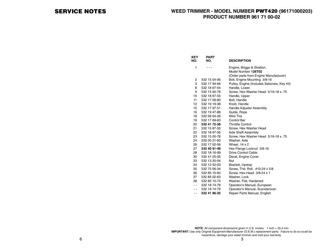 Partner Tech warranty Service Notes, WEED TRIMMER - MODEL NUMBER PWT420 PRODUCT NUMBER 961 71, Part, Description, 532 