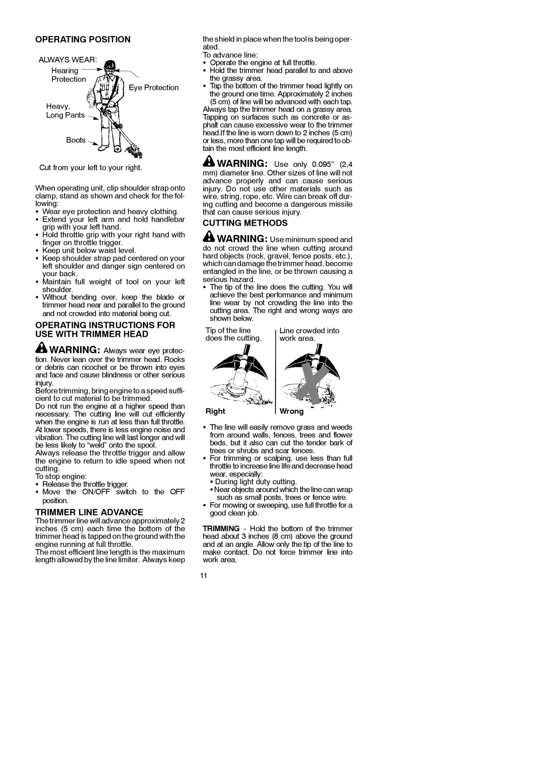 Partner Tech T330+ Operating Position, Operating Instructions for USE with Trimmer Head, Trimmer Line Advance, RightWrong 